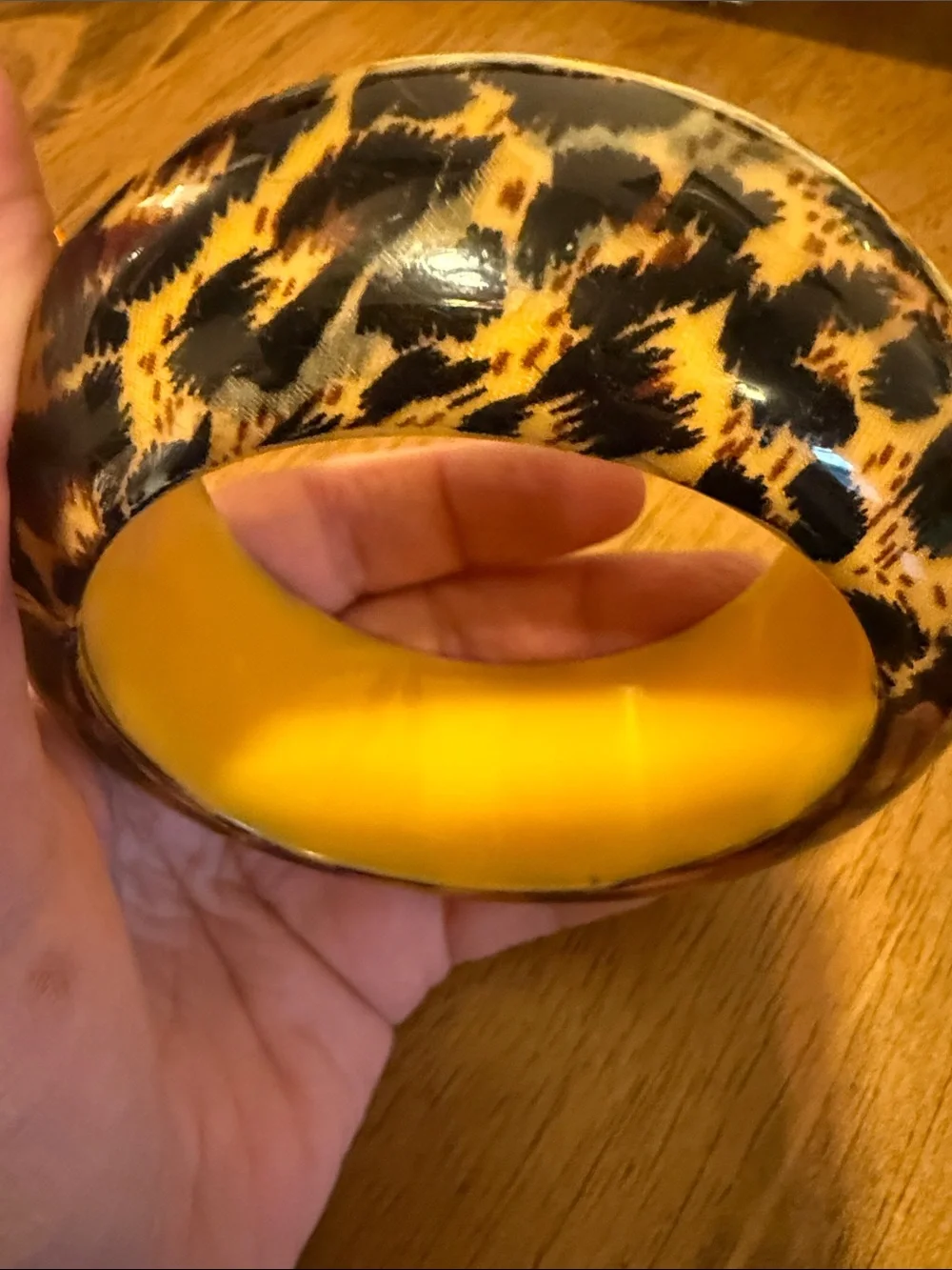 Leopard Print Resin Bangle with Bright Yellow Interior
